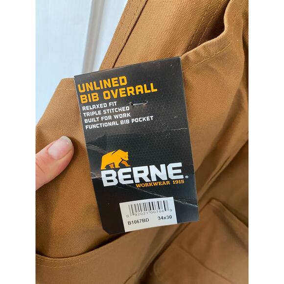 Berne unlined bib overall tan light brown 34x30 duck canvas triple stitched work - Picture 3 of 3